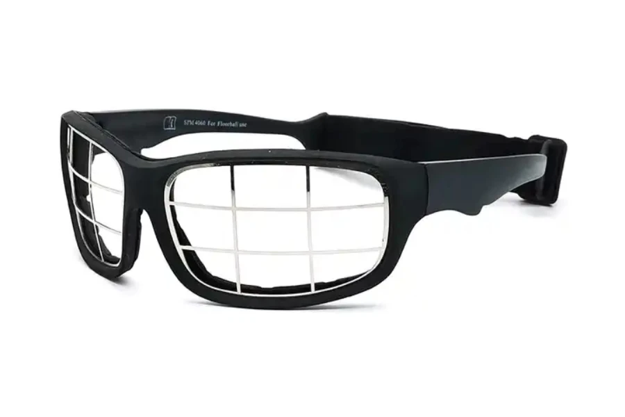 Black framed squash goggles with clear lens and black strap