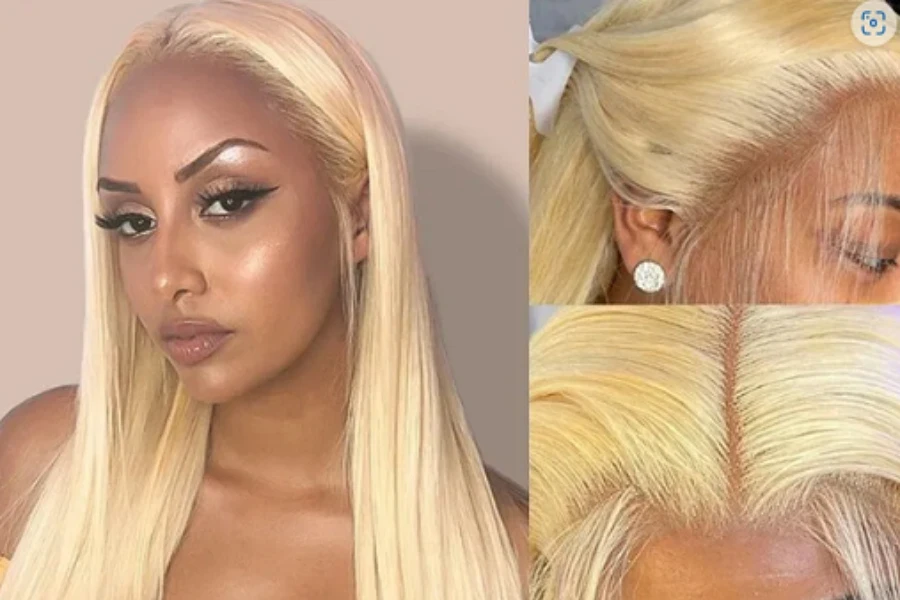 Femme noire portant une perruque blonde en cheveux humains