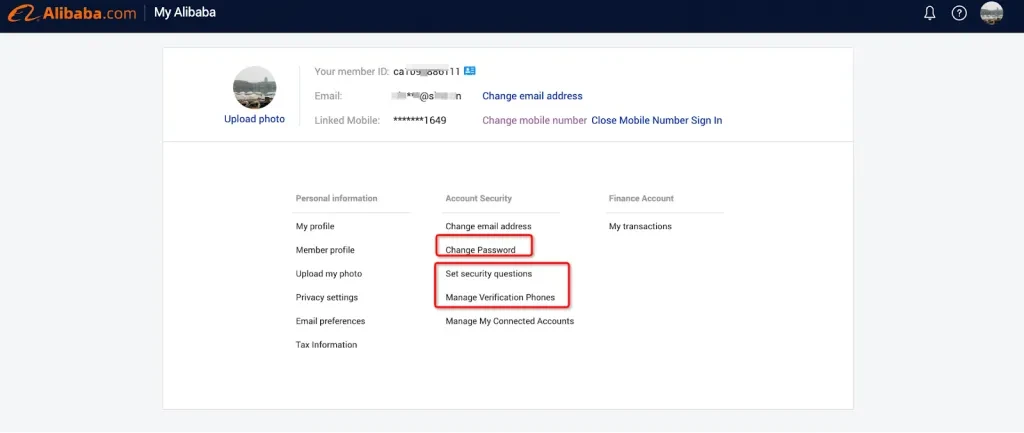 Modifica dei parametri di sicurezza dell'account