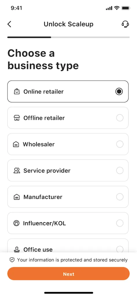 Choosing a business type from the identity selection page