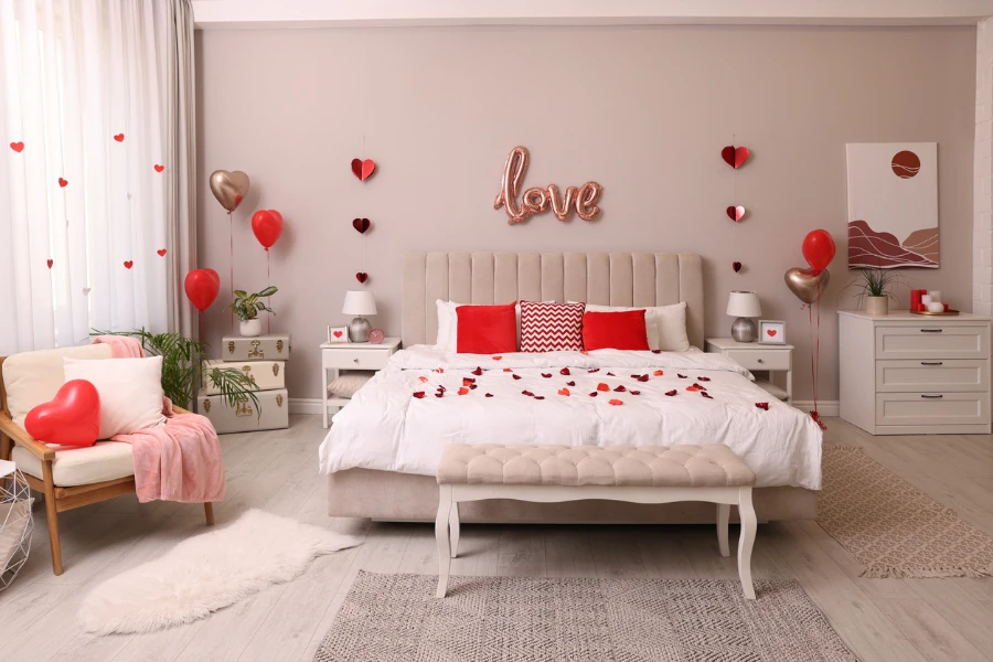 Cozy bedroom decorated for Valentine’s Day