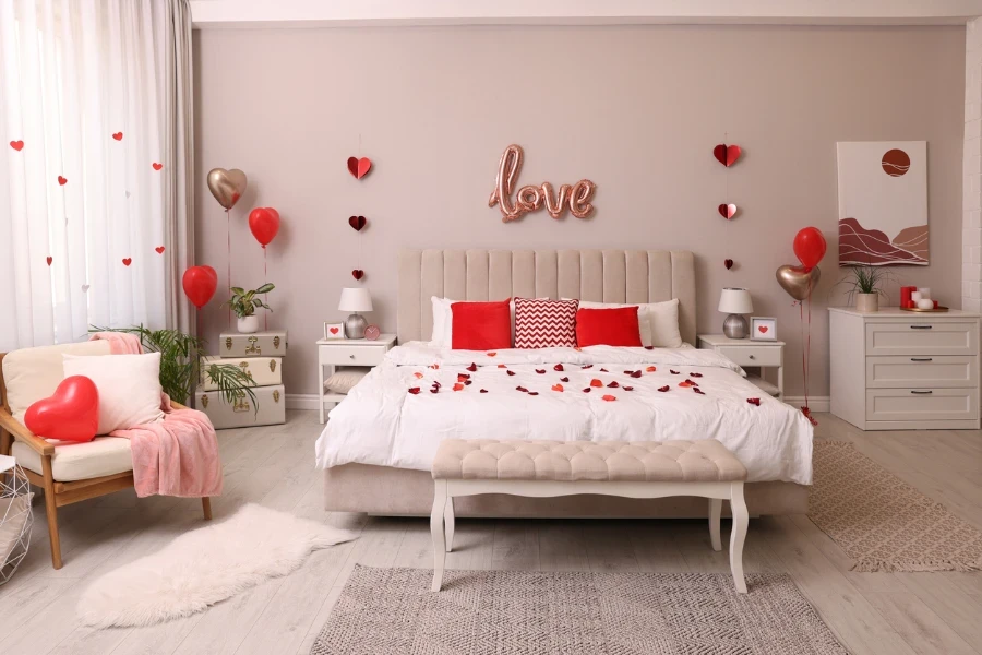 Cozy bedroom decorated for Valentine’s Day