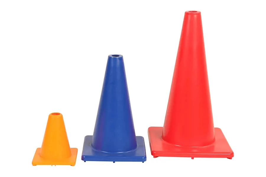 Different sizes of weighted agility cones lined up
