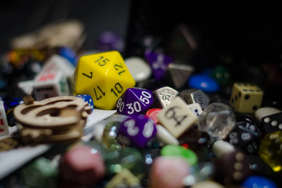 Different styles of dice in a pile