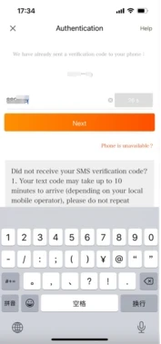 Entering the SMS code to authenticate the validation request