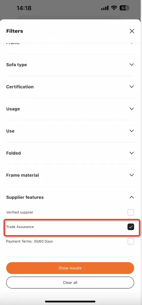 Filtering Trade Assurance products on the Alibaba.com App