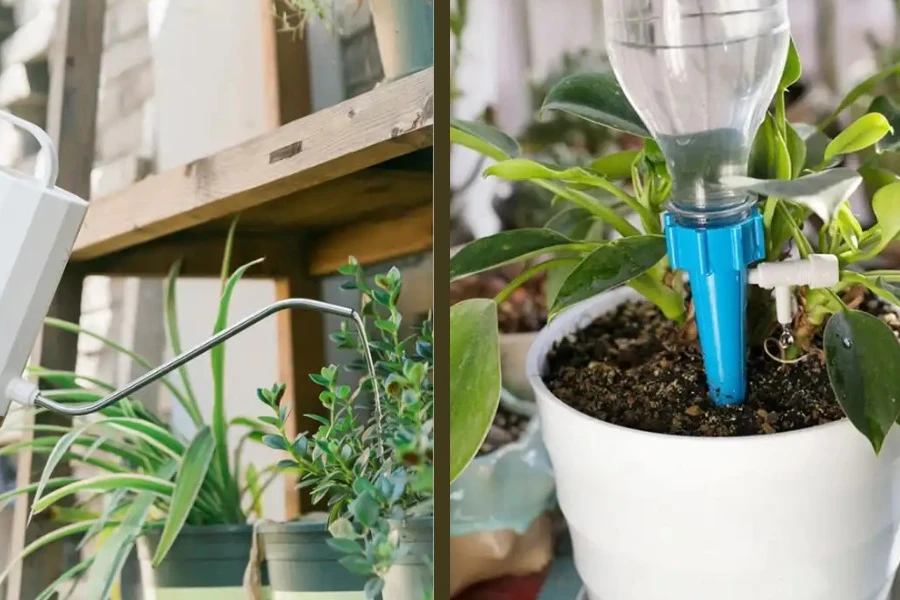 Indoor live plant watering cans, including automatic watering spike