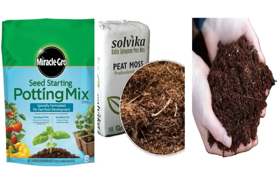 Indoor plant potting mix, peat moss, and organic compost fertilizer