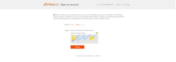 On-screen instructions for validating the account