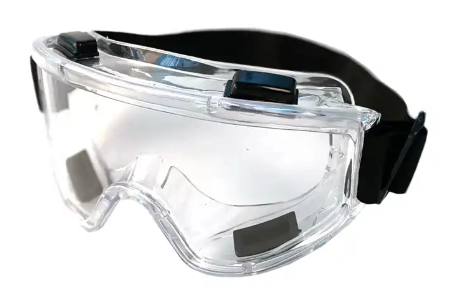 Over-glasses goggles with clear lens and black strap