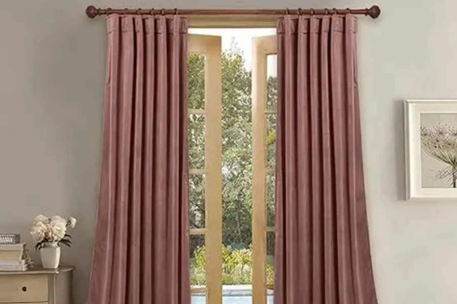 pearl colored pleated velvet curtains
