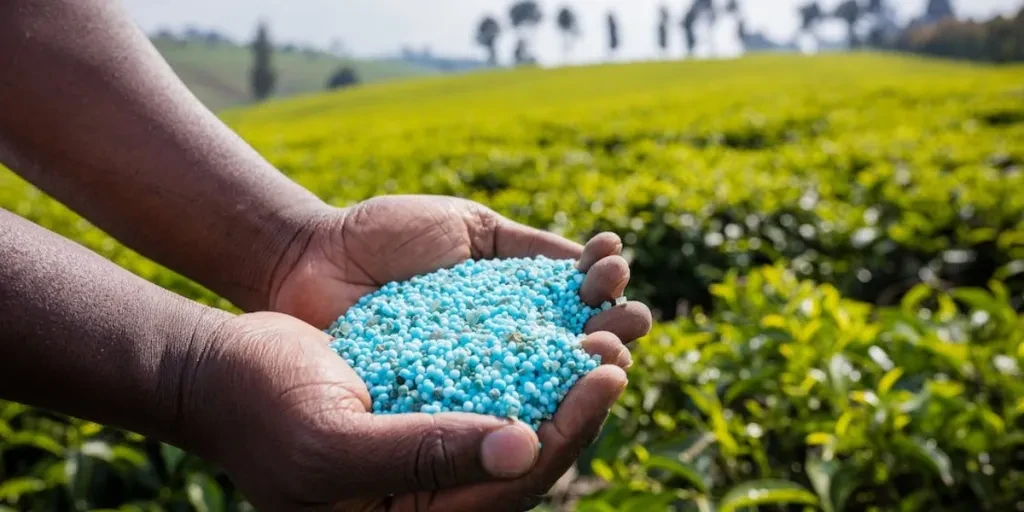 Pessoa segurando fertilizante contra o pano de fundo de campos verdes