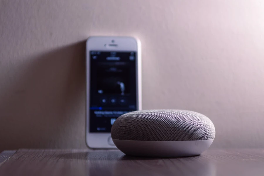 Portable speaker sitting on the floor in front of an iPhone