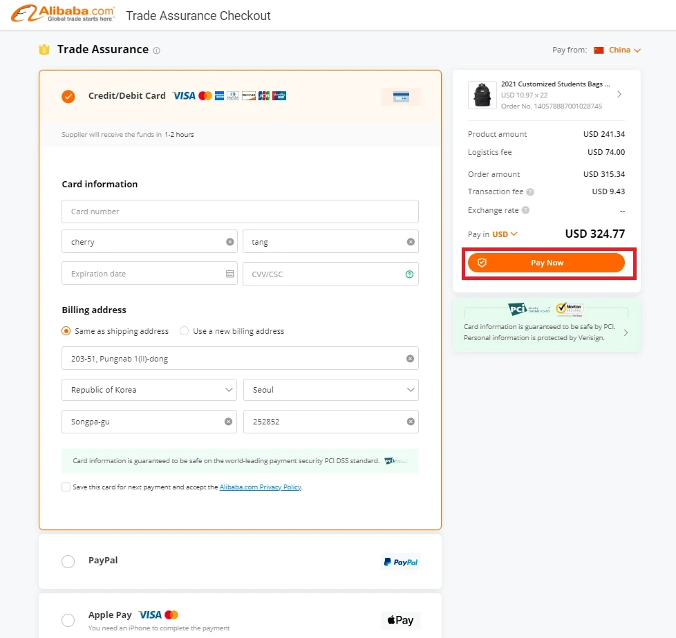 Proceeding to the payment process on the order details page