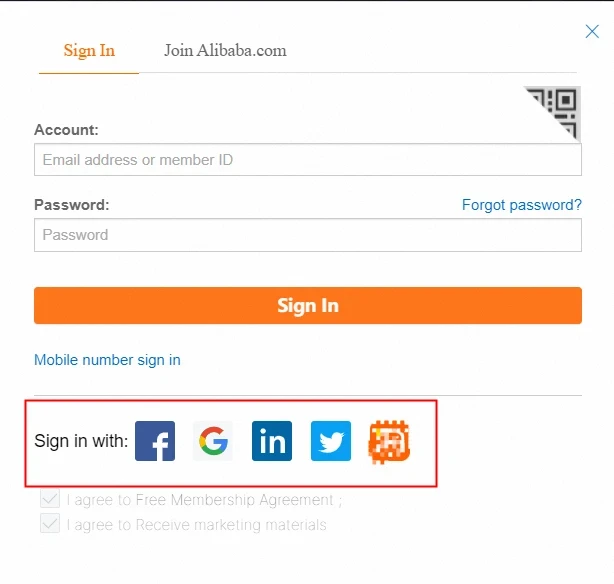 Registrazione su Alibaba.com utilizzando account di terze parti