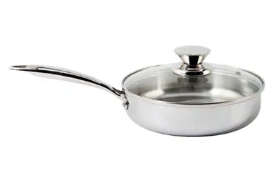 Sauté cookware pan with high sides, handle, and glass lid