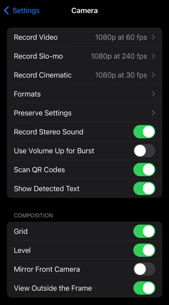 Captura de pantalla de la configuración de la cámara del iPhone 14 pro