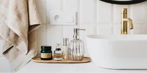 set of skincare on a bathroom countertop
