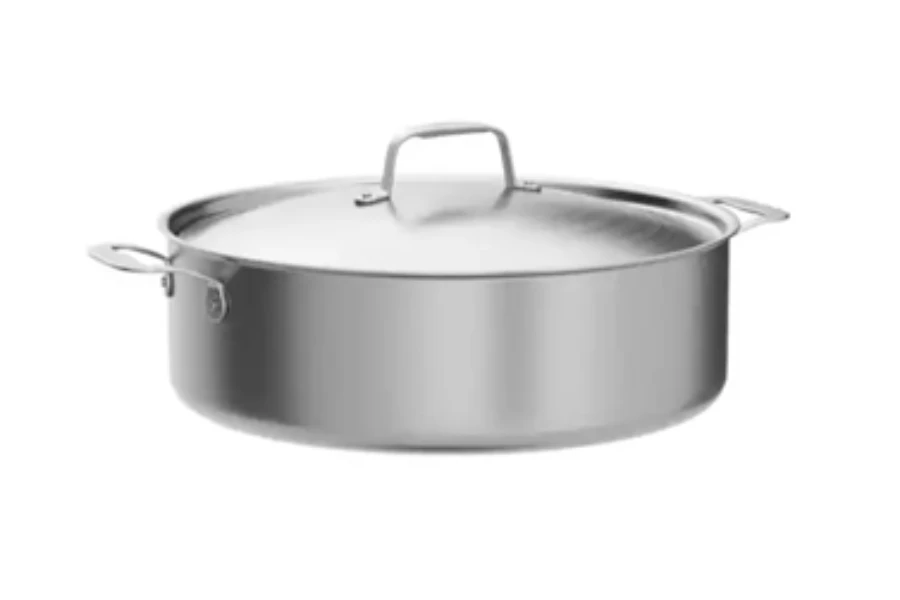 Stainless steel sauté pan with dual handles, high sides, and lid