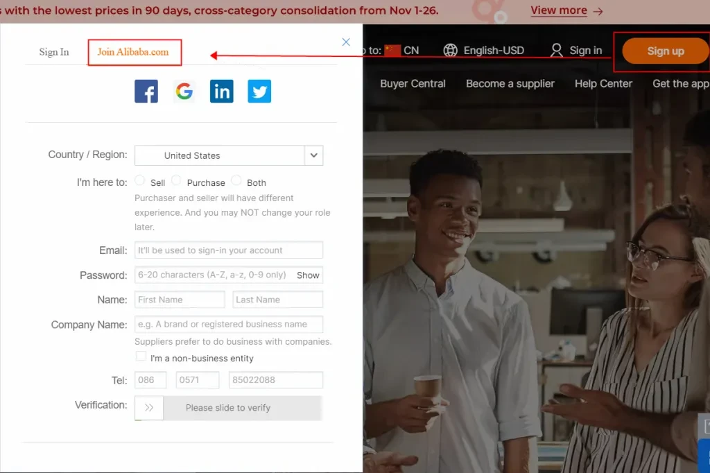 La page d'inscription sur le site Alibaba.com