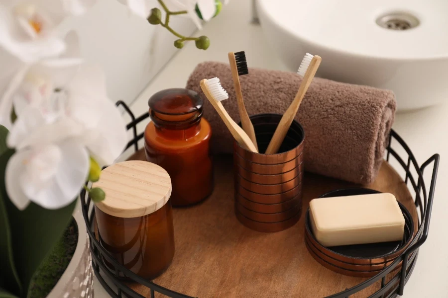 tray with different toiletries on a bathroom counter