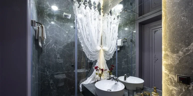 Trendy shower curtain in a bathroom