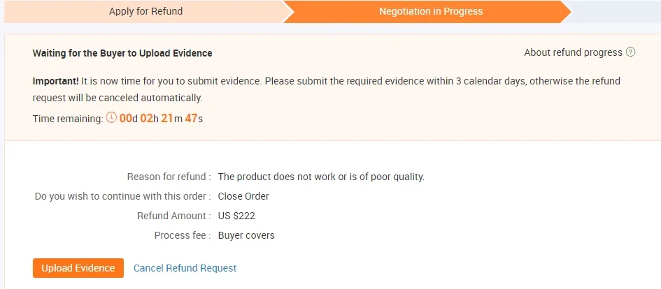Waiting for the buyer to upload evidence documents for the dispute