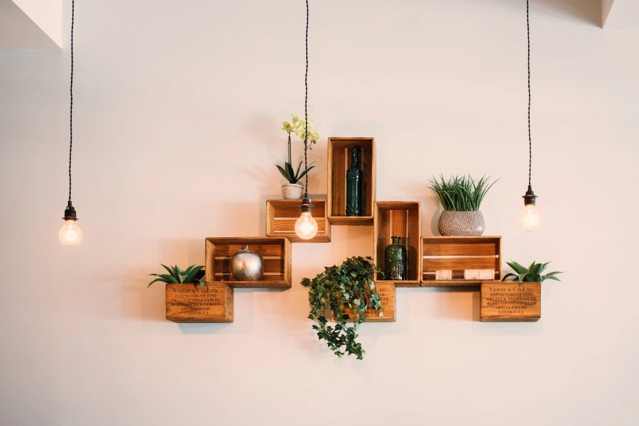 Wall shelves with flowers and lights