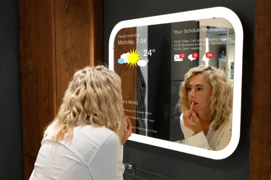Woman applying makeup using a smart mirror
