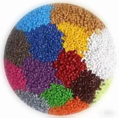 A circular arrangement of polyethylene granules in a spectrum of colors