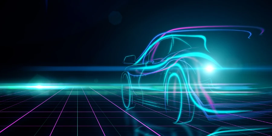 Creative glowing digital car on black background
