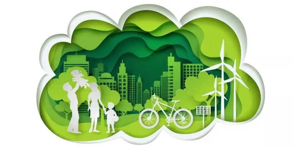 Cut-out illustration of eco-friendly urban living with renewable energy and family lifestyle.