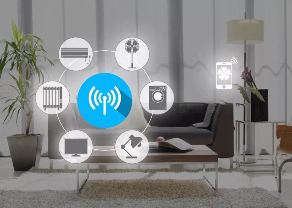 Modern living room with smart home connectivity concept displaying icons for various connected devices