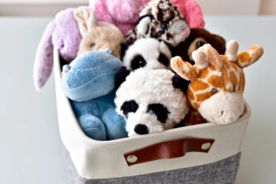A basket full of soft toys