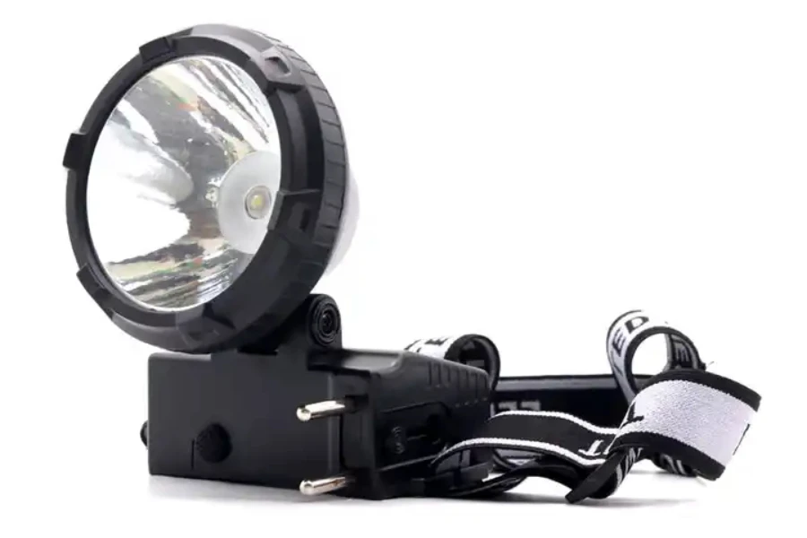 A black attachable headlight on a white background