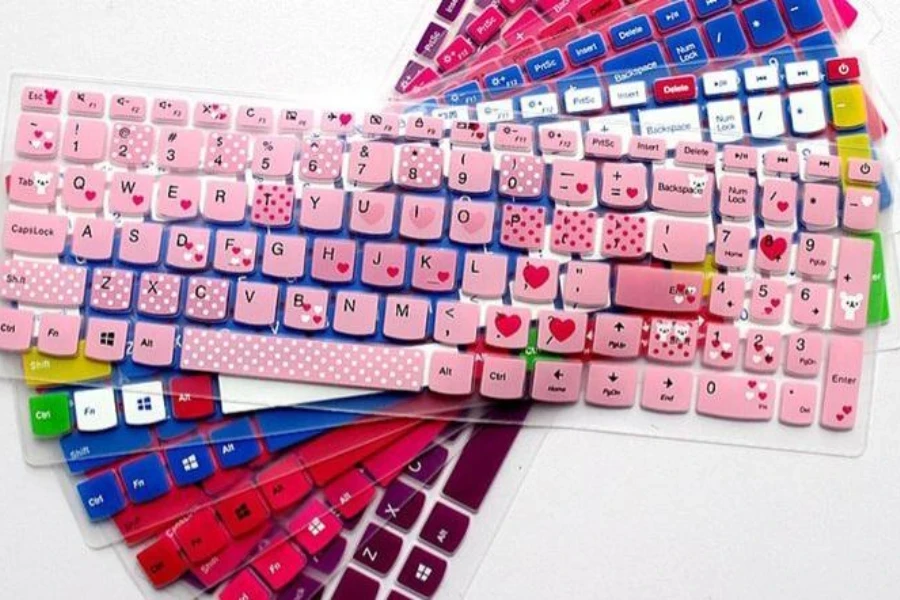 A display of colorful custom-fit keyboard covers