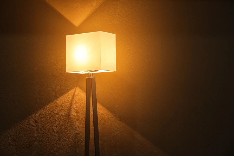 Uma luminária de chão acesa em um quarto escuro