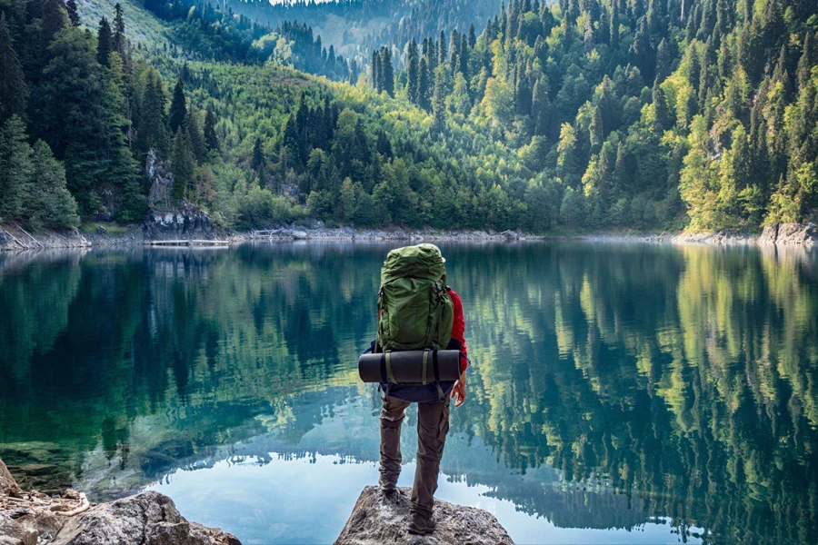 a hiker stands beside the lake