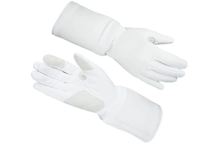 A pair of white fencing gloves on a white background