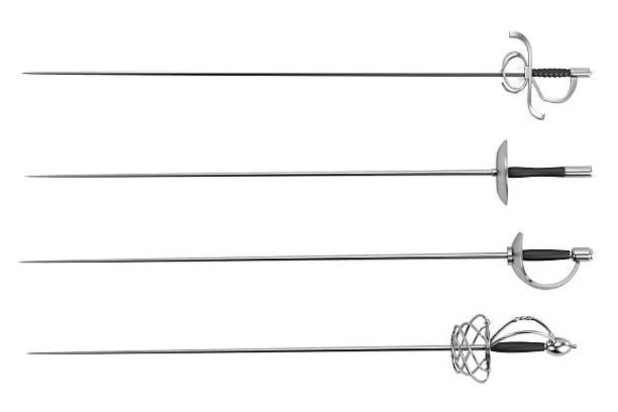 A set of fencing swords (foil, epee, and saber)