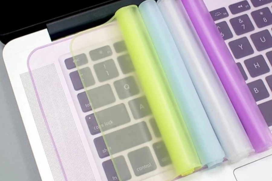 A set of universal-fit keyboard covers on a laptop