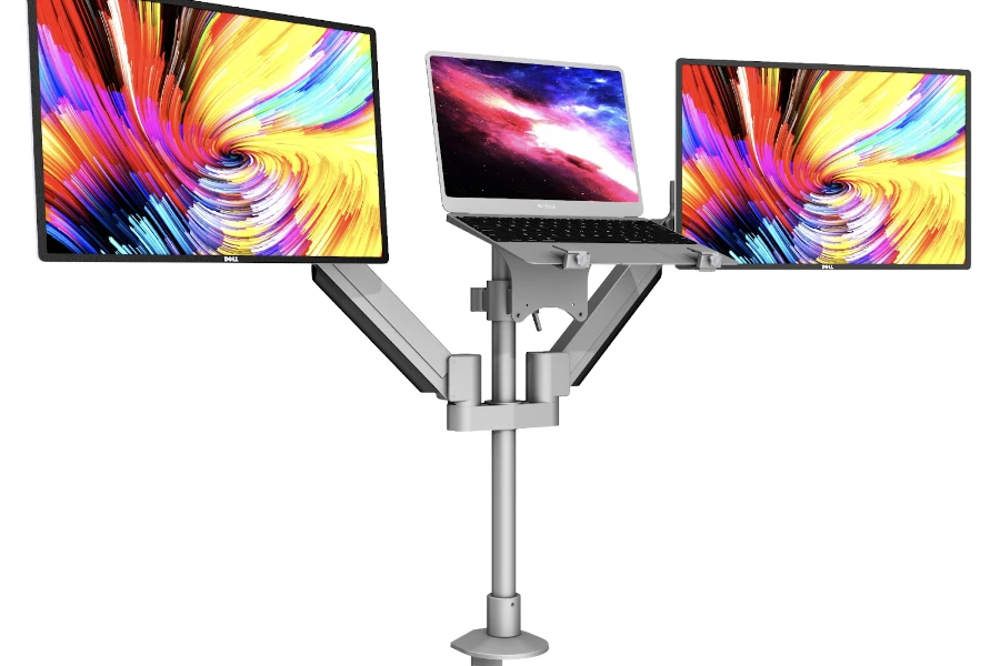 A tripod monitor stand with two monitors and laptop