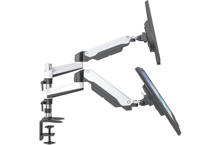 A white and gray dual monitor mount