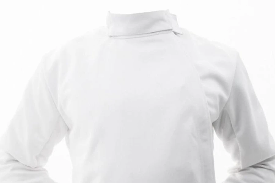 A white fencing jacket with a high collar