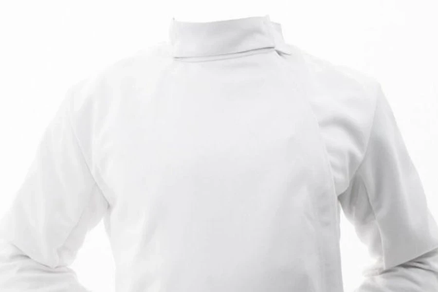 A white fencing jacket with a high collar