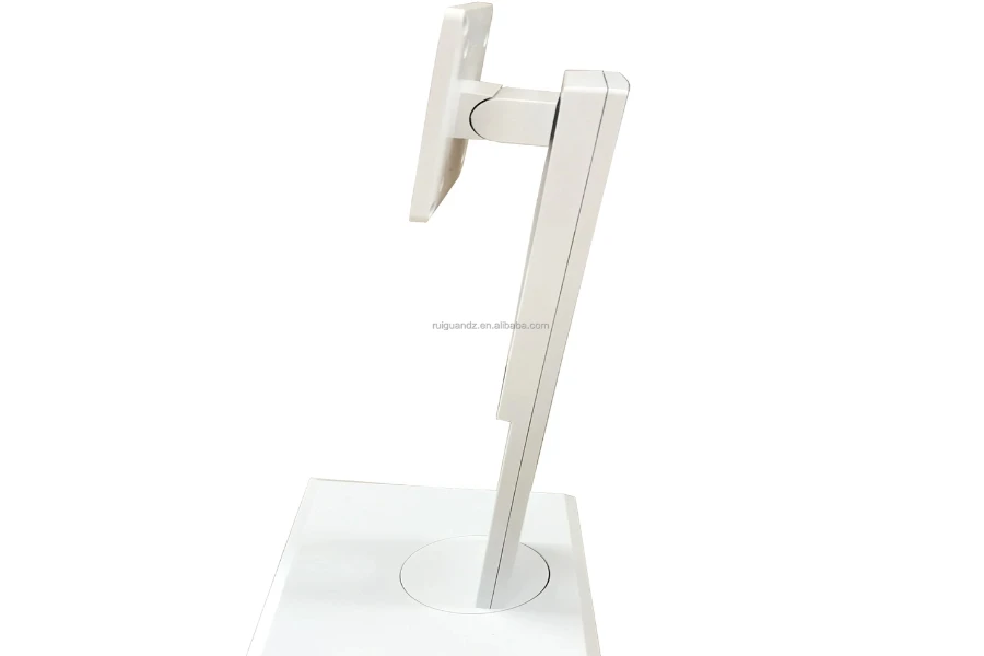 An ergonomic white monitor stand