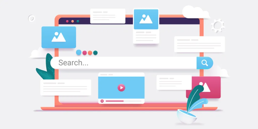 Animated laptop with search option and icons representing blog promotion