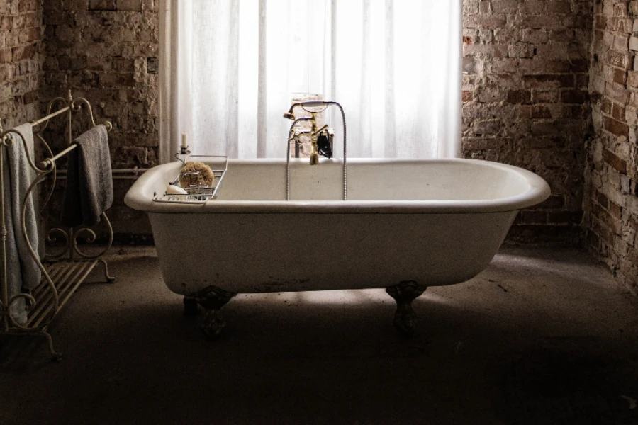 Antique tub with silver metal bathtub rack