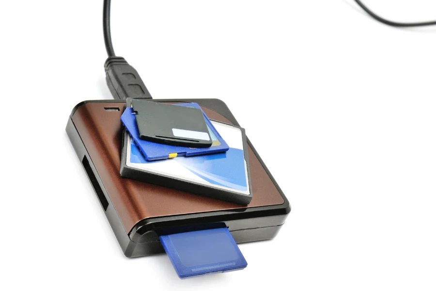 Blue card inserted into brown card reader with three cards