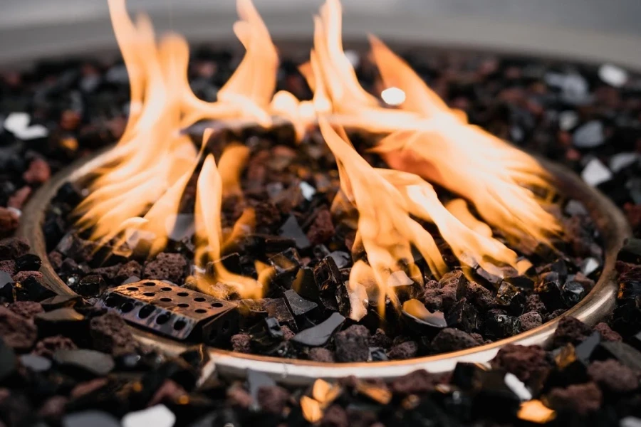 Close up of a fire in a propane fire pit